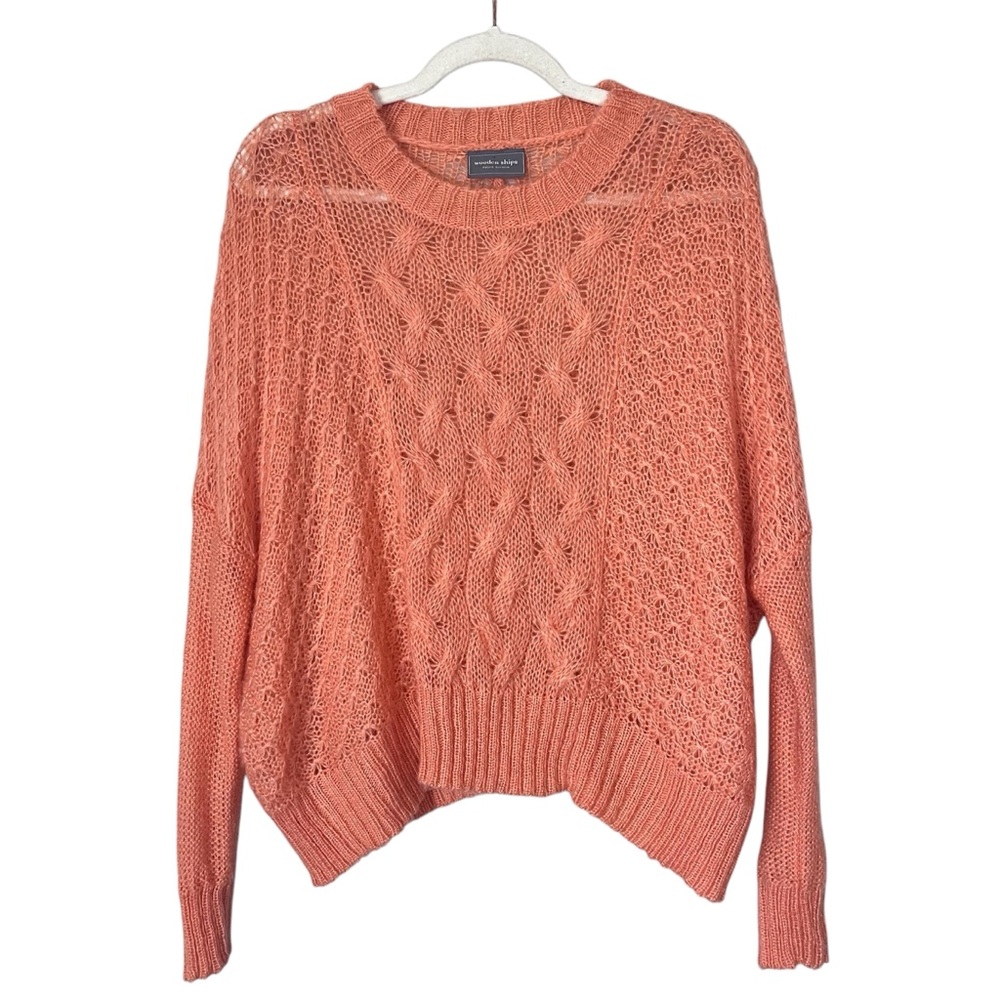 Wooden Ships Cable Knit Mohair Wool Lightweight Relaxed Crewneck Sweater Coral